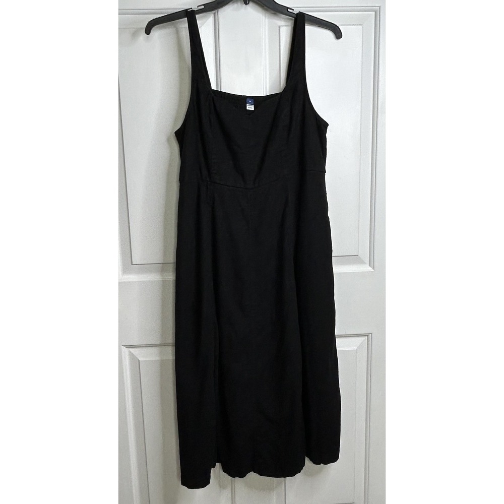 Old Navy Midi Dress Fit & Flare Linen Blend Notch Neck Sleeveless XL Smocked Blk